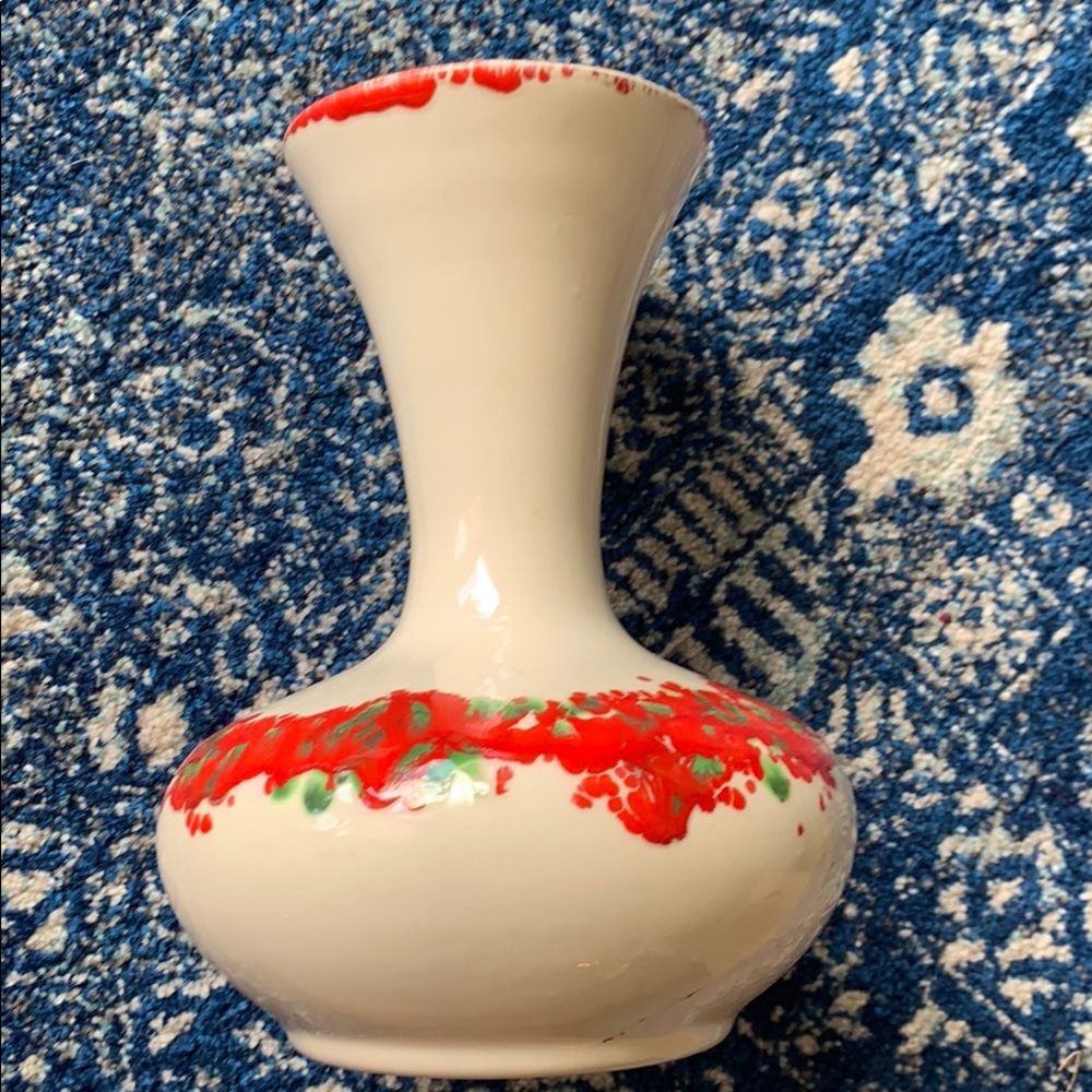 Vintage cream red green poppy mid century modern vase
